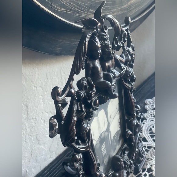 Victorian Ornate Cast Iron Mirror-Antique Cast Iron 14.25" x 9" Cherubs frame - Picture 3 of 7